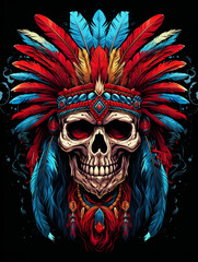 t-shirt design, a skull wearing an indian chieftain headdress, in the style of vibrant illustrations created with Generative Ai