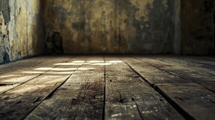 Wooden floor in an old empty room with damaged walls