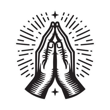 Hands folded in prayer. Vintage black engraving illustration. Monochrome vector icon. Isolated and cut out	
