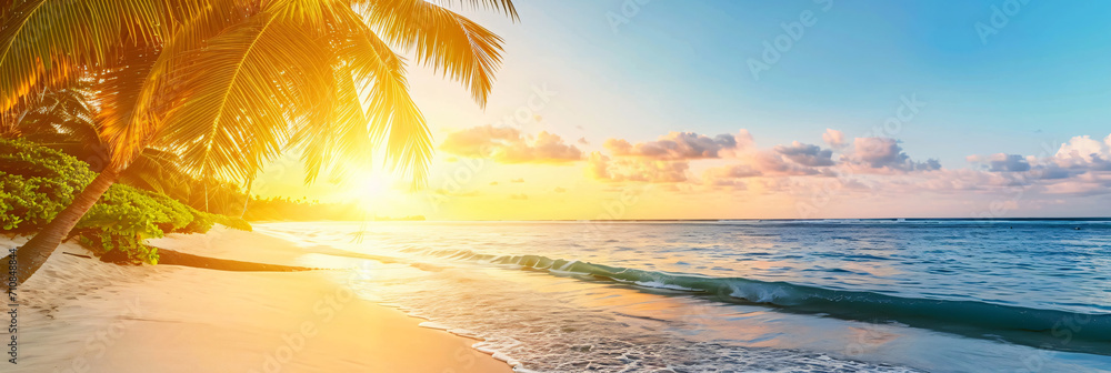 Wall mural sunny exotic beach by the ocean with palm trees at sunset summer vacation generate ai - Wall murals