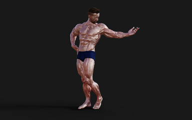 Obraz premium 3d Illustration Shirtless guy in blue panties showing his muscular body. Bodybuilder man with clipping path.
