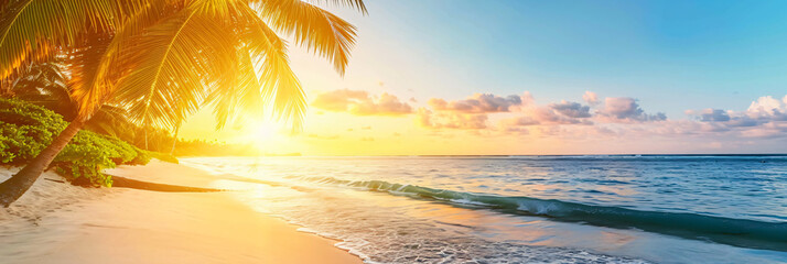 Sunny exotic beach by the ocean with palm trees at sunset summer vacation Generate AI - Powered by Adobe