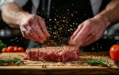 Chef hands cooking meat steak and adding seasoning. Fresh raw Prime Black Angus beef rump steak - obrazy, fototapety, plakaty