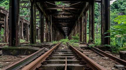 Fototapeta na wymiar A hauntingly beautiful abandoned railway station engulfed in overgrown greenery, a testament to the passage of time