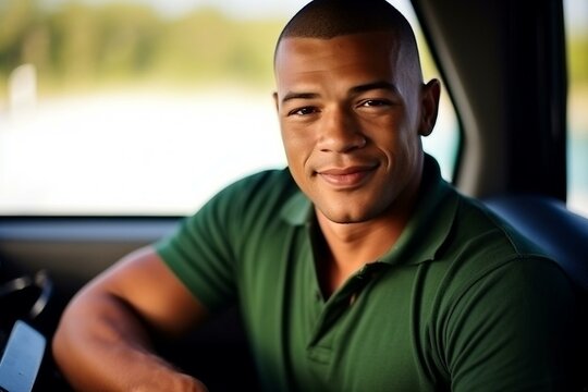 Confident Man with a Welcoming Smile in a Vehicle