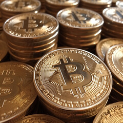 Bitcoin golden coins stacked. Close-up image