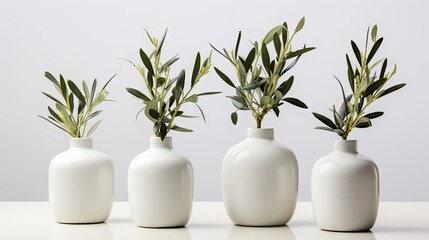 three small vases with olive branches against a white background, highlighting the modern minimalist style and interior decor.
