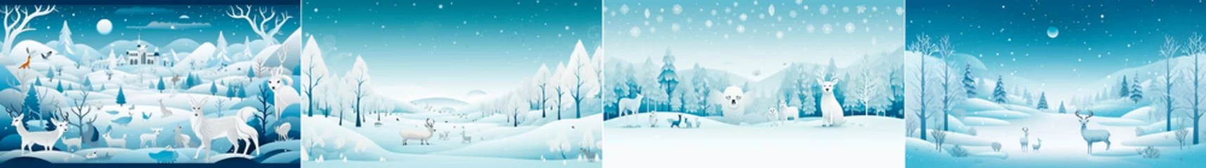 Keuken spatwand met foto Artistic depiction of contrasting elements: a burning factory and snowy landscapes. Features a variety of arctic animals such as deer, arctic foxes and polar bears in a blue and white color scheme. © Sasha