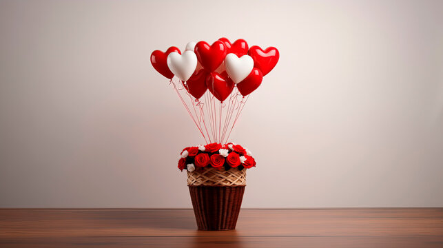 A bouquet of roses in a basket, a gift with heart-shaped balloons. Flowers for Valentine's Day, Birthday or Mother's Day. Image for cards and banners