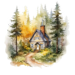 Haus im Wald, Waldh&uuml;tte Herbstzauber Aquarell Vertr&auml;umte Forsthausillustration Herbstwald Kunstwerk Wanddekoration Naturnahe Ruheoase Bild