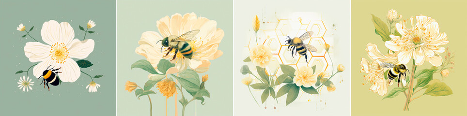 Illustration of a cute bumblebee weaving a flower with a net. Simple and gentle lines with a flat design. Soft colors such as soft green and soft yellow are used. - obrazy, fototapety, plakaty