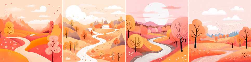 Illustration of an autumn landscape with delicate lines and textures. Designed for a children's...