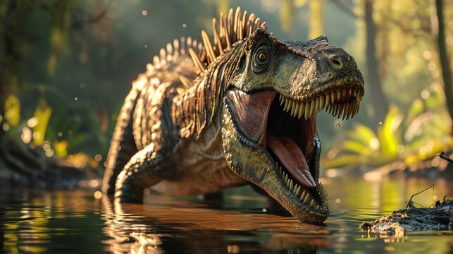 3D render animation of close up spinosaurus at a creek in the water in prehistoric setting, dinosaur concept   
