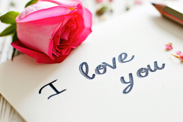 I love you card with pink rose and pencil on white wooden background