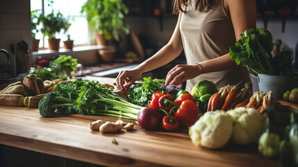 a woman prepares a vegetable salad, many vegetables and greens. Healthy Eating