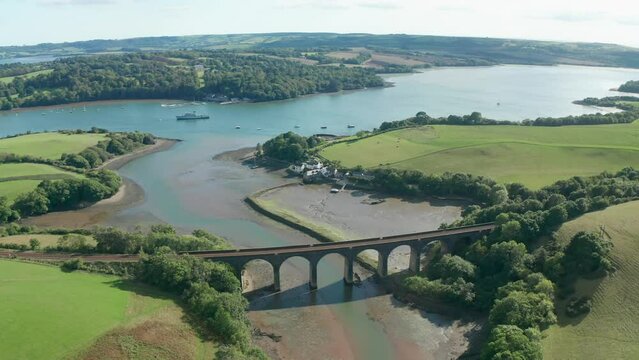 Aerial view of an old bridge crossing the Tamar river in Saltash, Plymouth, Devon, England, United Kingdom