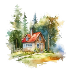 Haus im Wald, Waldh&uuml;tte Herbstzauber Aquarell Vertr&auml;umte Forsthausillustration Herbstwald Kunstwerk Wanddekoration Naturnahe Ruheoase Bild