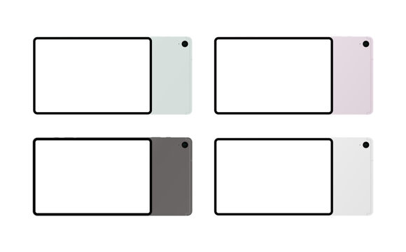 Galaxy Tab S9 tablets. Grey, Silver, Mint, color. Samsung Galaxy tablet mockup. Transparent white background. Rear and front views. Computer phone Samsung Galaxy Tab S9 FE template. Vector icons