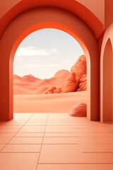 Vertical image of a terracotta colored corridor with columns against a desert landsape and cloudy sky