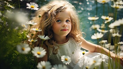 enchanting moment of a child, immersed in the green grass of a summer park.