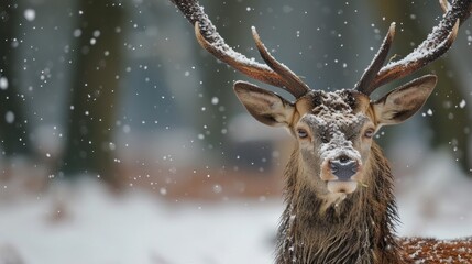 Close up of a Red deer stag in winter, UK.   