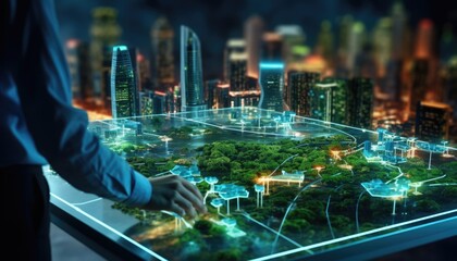 Human touching a advanced technology based on hologram light with greenery city, eco-friendly city on a city background with hologram network icons for energy source research, renewable energy concept