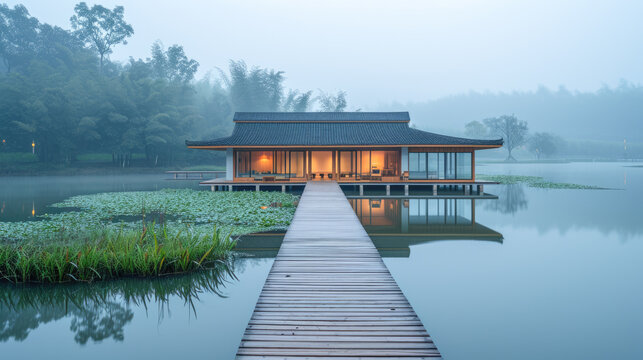 Picture of chinese traditional house on the lake with fog