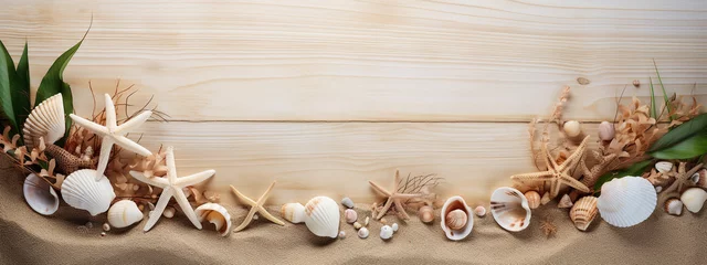 Foto auf Alu-Dibond concept with sea shells and starfish on red background with space for text © Anna