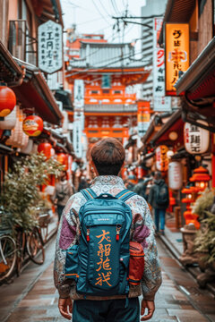 Tourist walking in the narrow streets of Kyoto, Japan