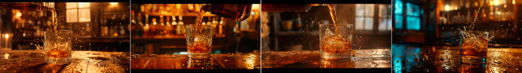 A wooden bar in an old town setting creates a rustic and nostalgic atmosphere. A detailed close-up shot captures the elegance of the whiskey being poured into the glass.