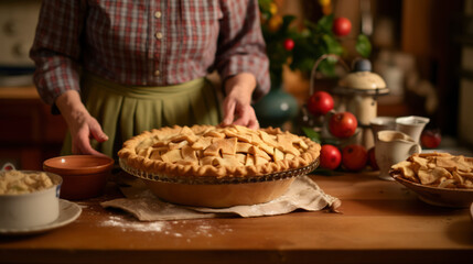Obraz na płótnie Canvas Homemade Apple Pie Delight: Freshly Baked Autumn Dessert on Rustic Table - Gourmet Pastry Banner