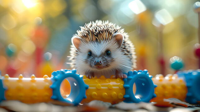A charming image of a pet hedgehog exploring a miniature playground, showcasing its unique spiky appearance