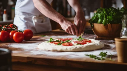 Fotobehang Artisanal Pizza Making: Homemade Delight with Fresh Ingredients - Culinary Banner for Italian Food Enthusiasts © BrightSpace