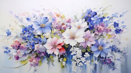the exquisite charm of nature's tricolor symphony as white, blue, and pink flowers come together in a stunning display on a spotless white canvas.