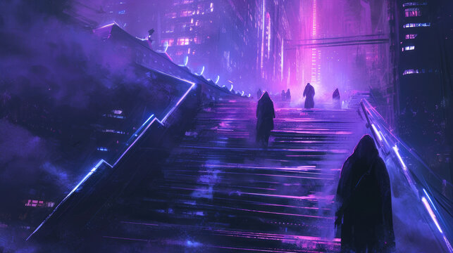 Eerie futuristic dystopian image of people at top of steps
