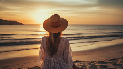 a girl in a hat sits on the beach at sunset
