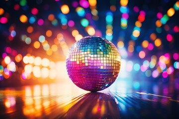 A disco ball reflects bright colorful lights in the night club rolling on the floor