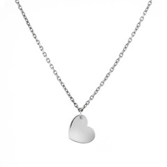 Female heart shaped pendant with silver chain necklace isolated on white background