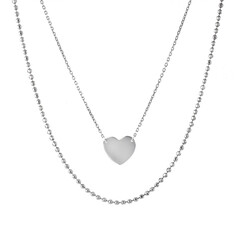 Female heart shaped pendant with silver chain necklace isolated on white background
