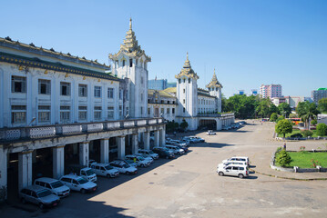 View of the building of the main railway station of Yangon