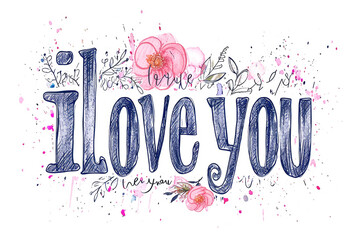 I love you hand drawn lettering with flowers.  - obrazy, fototapety, plakaty