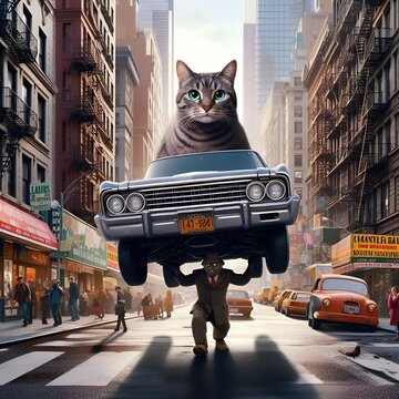 A man carrying a car in the streets of New York, and on top of the car is a beautiful cat and rare pictures of it.
