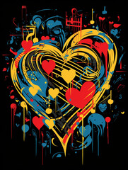 T-shirt design, a stylized human heart entwined with musical notes and clefs, in the style of graffiti created with Generative Ai