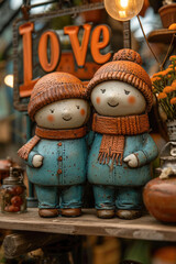 Cute little boy and girl in warm knitted hats and scarves on a wooden shelf.