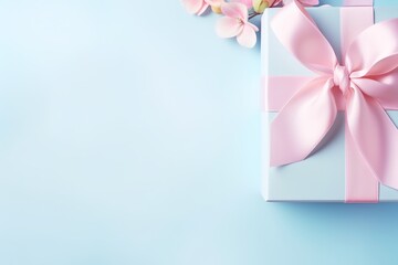 banner pastel colors gift box with elegant pink ribbon , spring flowers on light blue background, copyspace for text, spring holidays, valentines day, mothers day and birthday card.