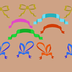 Horizontal stylized   colored   bows and tapes. Hand drawn.