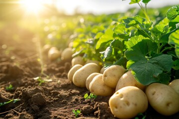Growing potato harvest and producing vegetables cultivation. Concept of small eco green business organic farming gardening and healthy food - obrazy, fototapety, plakaty