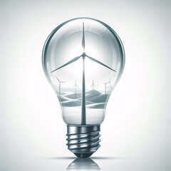 ampoule électrique contenant une éolienne : idéal pour articles sur le climat, le changement climatique, la terre, l’environnement, la technologie, l'écologie, l’électricité, l’énergie - obrazy, fototapety, plakaty