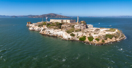 Aerial view of the prison island of Alcatraz in San Francisco Bay, Alcatraz jail in San Francisco...