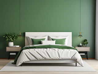 3D modern bedroom with green wall and white bed and furniture